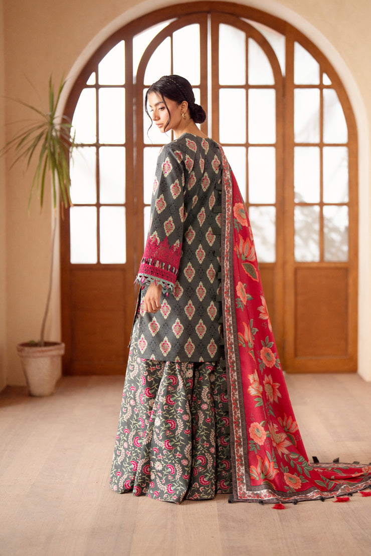 3 Piece - Printed & Embroidered Khaddar Suit - AU-07